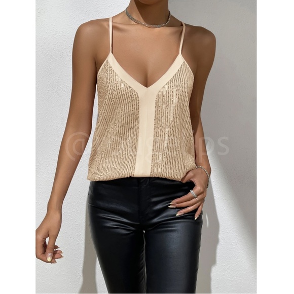 Sequin Detail Champagne Gold Cami Top - Picture 2 of 10